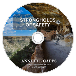 CD cover with scenic landscape and text 'Strongholds of Safety' by Annette Capps cappsministries.com