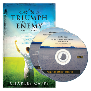 Book cover and CD of 'Triumph Over the Enemy' by Charles Capps with a person reaching towards the sky. Cappsministries.com