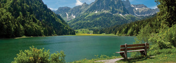 Image of a lake with a bench overlooking
