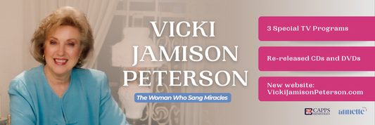 Header image with the text Vicki Jamison- Peterson with a picture of her, announcing 3 special programs, rereleased CDs and DVDs, and website information vickijamisonpeterson.com