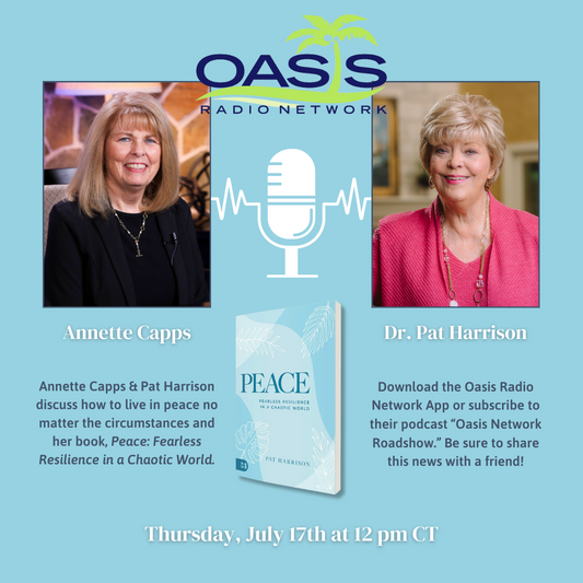 Photos of Annette Capps and Dr. Pat Harrison with the Oasis Radio Network Logo and anouncement for Radio Program Airing on July 17, 2025 at noon