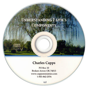 CD with 'Understanding Faith's Components' text and Charles Capps' information on a nature-themed cover