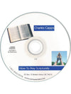 A CD disc cover for 'How To Pray Scripturally' by Charles Capps, featuring a white disc with blue text banners, an illustration of an open Bible, and a small photo of two people praying. cappsministries.com
