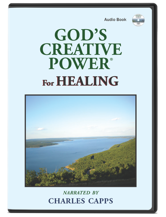 Cover of 'God's Creative Power for Healing' audio book with a scenic image and text. cappsministries.com
