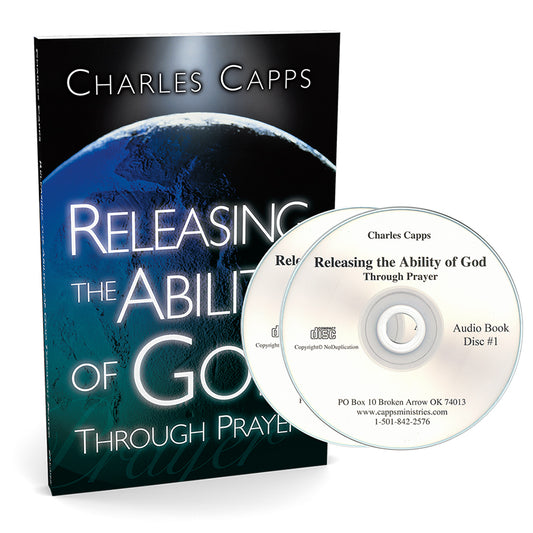 Book and audio disc set titled 'Releasing the Ability of God Through Prayer' by Charles Capps on a white background.