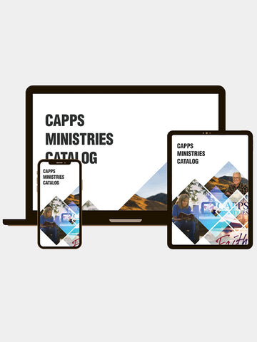 Capps Ministries Catalog displayed on a laptop and two tablets with a mountain and landscape design.
