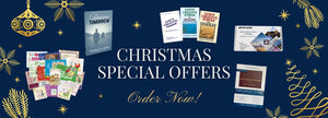   Promotional banner with Christmas special offers on a blue background with festive elements. cappsministries.com 