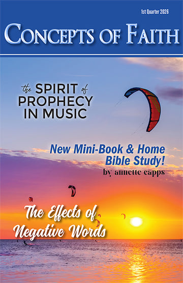 newsletter cover of '1st Qtr of Concepts of Faith' with a sunset over water and kites, featuring text about prophecy in music and negative words.