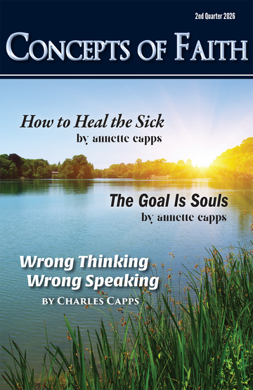 newsletter cover with a scenic lake and trees, featuring text about spiritual teachings by annette capps and Charles Capps.