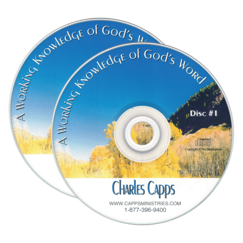 Two CDs with a scenic cover featuring a blue sky and yellow landscape, labeled 'A Working Knowledge of God's Word' by Charles Capps. cappsministries.com