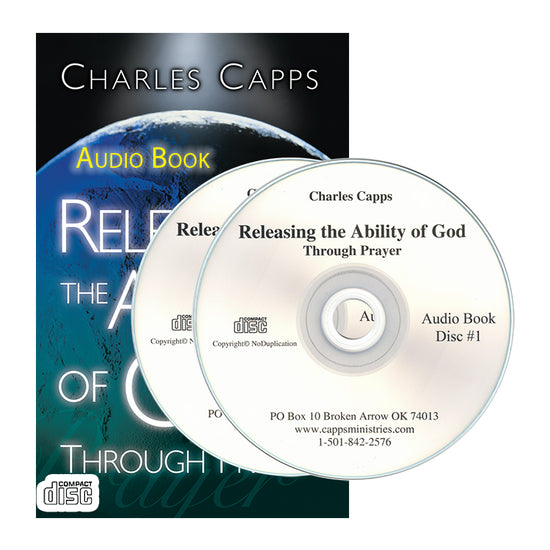 Charles Capps Audio Book 'Releasing the Ability of God Through Prayer' showing the book cover and two audio CDs. cappsministries.com
