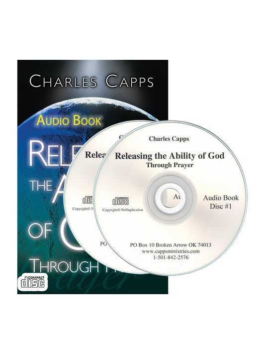 Charles Capps Audio Book 'Releasing the Ability of God Through Prayer' showing the book cover and two audio CDs. cappsministries.com
