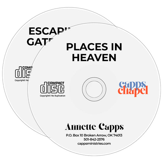 Two white compact discs with printed text and logos, including 'Places in Heaven' by Annette Capps and Compact Disc branding, shown on a plain white background. www.cappsministries.com