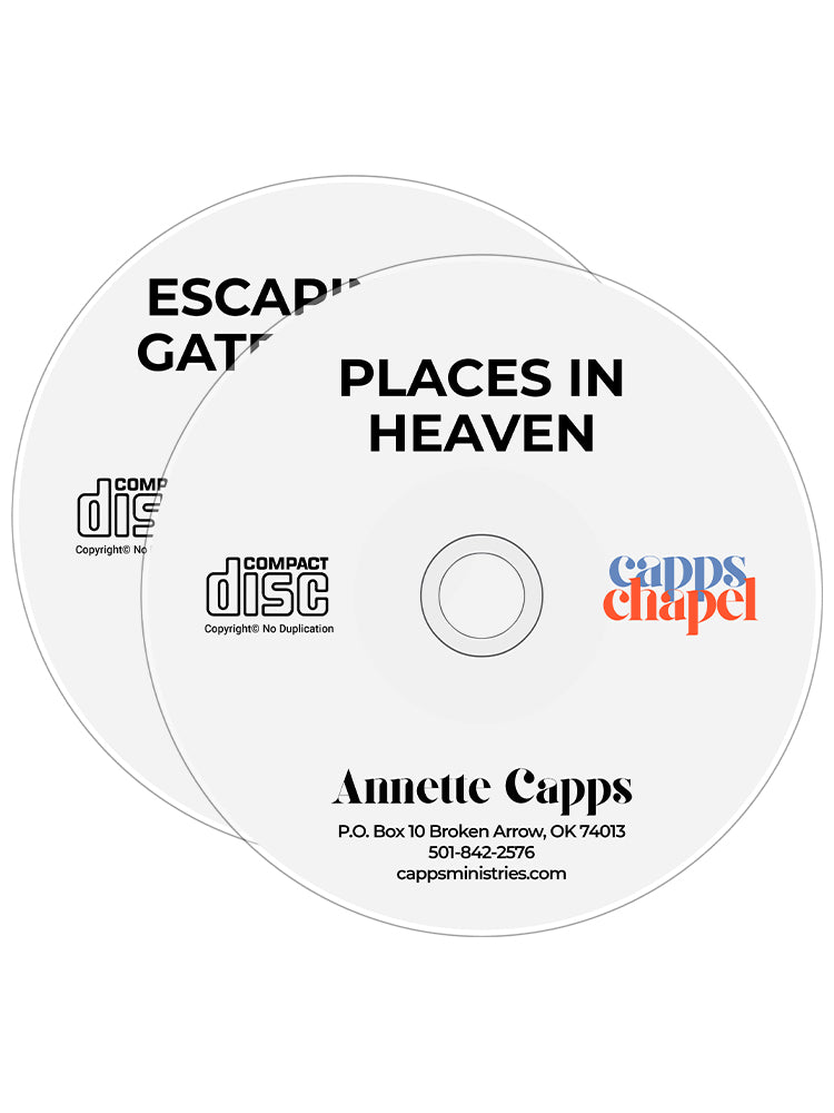 Two white compact discs with printed text and logos, including 'Places in Heaven' by Annette Capps and Compact Disc branding, shown on a plain white background. www.cappsministries.com