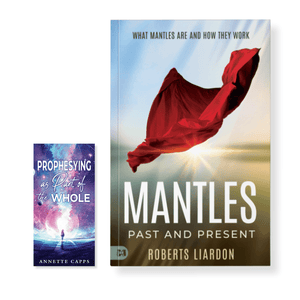 Pamphlet titled 'Prophesying as Part of the Whole' and book 'Mantles Past and Present' on a white background.