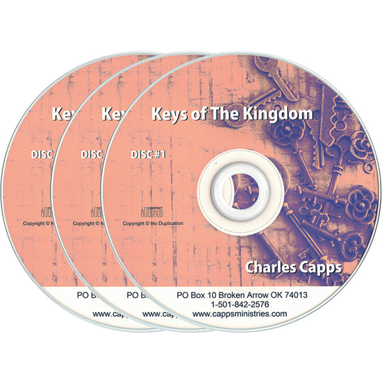 3 CDs stacked off center with keys in the background, salmon color. Keys of the Kingdom by Charles Capps
cappsministries.com