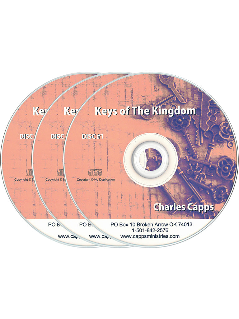 3 CDs stacked off center with keys in the background, salmon color. Keys of the Kingdom by Charles Capps
cappsministries.com