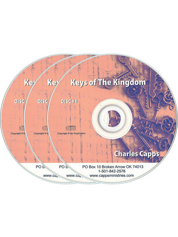 3 CDs stacked off center with keys in the background, salmon color. Keys of the Kingdom by Charles Capps
cappsministries.com