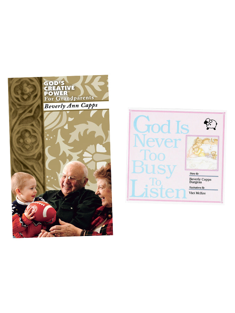 Two printed book shown on a plain white background: on the left, a larger cover with the title 'God's Creative Power For Grandparents' and a family photo; on the right, a smaller pink book with the title 'God Is Never Too Busy To Listen' and a small inset photo. Books are written by Beverly Capps cappsministries.com