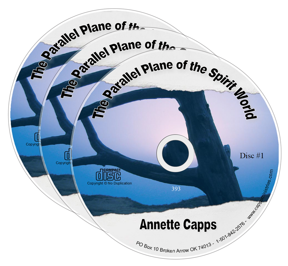 Three stacked CDs of the series by Annette Capps titled, The Parallel Plane of the Spirit World. www.cappsministries.com