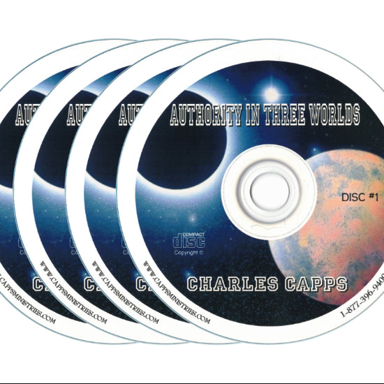 Set of CDs with 'Authority in Three Worlds' by Charles Capps on a white background cappsministries.com