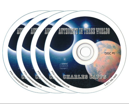 Set of CDs with 'Authority in Three Worlds' by Charles Capps on a white background cappsministries.com