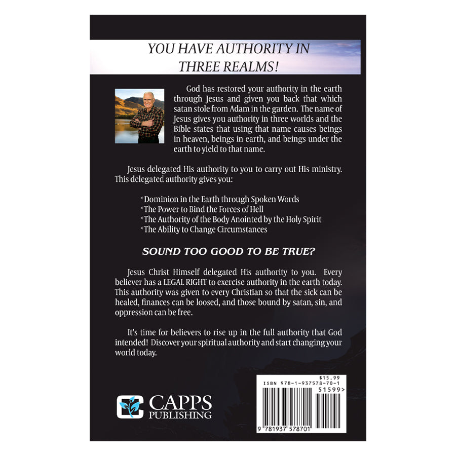 Back cover of a book with text about authority in three realms, featuring a barcode and Capps Publishing logo.