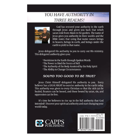 Back cover of a book with text about authority in three realms, featuring a barcode and Capps Publishing logo.