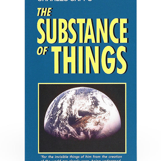 Book cover of 'The Substance of Things' by Charles Capps, featuring a blue background with large yellow title text and a central image of Earth. cappsministries.com