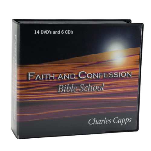 Packaging for 'Faith and Confession Bible School' by Charles Capps with 14 DVDs and 6 CDs. Cappsministries.com