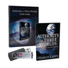 Two copies of 'Authority in Three Worlds' by Charles Capps, a USB drive, and a study guide on a white background.