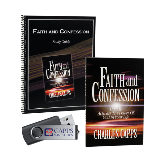 Two books titled 'Faith and Confession' by Charles Capps, one with a USB drive on a white background.