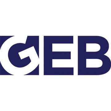 GEB logo in blue and white on a white background