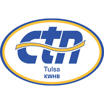 Logo of CTN Tulsa KWHB with blue and yellow colors on a white background