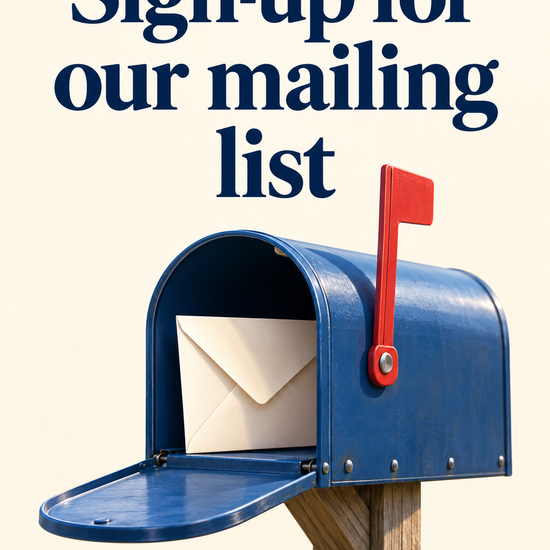 A blue mailbox on a wooden post with an open flap and red flag, containing a white envelope, with the text 'Sign-up for our mailing list' above on a light cream background. cappsministries.com