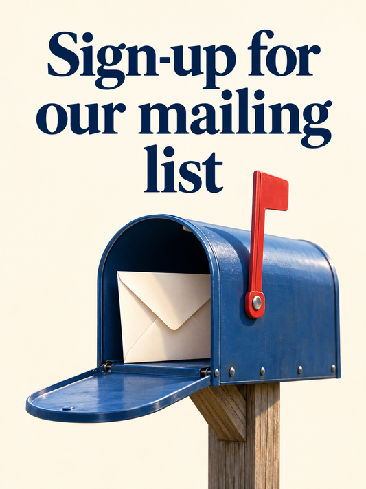A blue mailbox on a wooden post with an open flap and red flag, containing a white envelope, with the text 'Sign-up for our mailing list' above on a light cream background. cappsministries.com