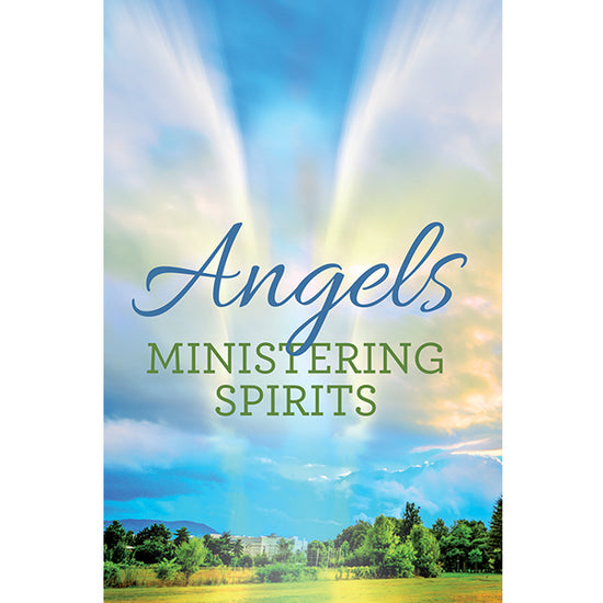 pamphlet cover for 'Angels Ministering Spirits' by Charles Capps, featuring a scenic landscape with sun rays breaking through clouds over a field. www.cappsministries.com
