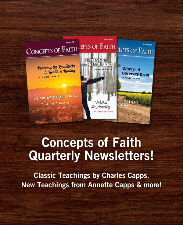Three 'Concepts of Faith' newsletters on a wooden surface with promotional text. cappsministries.com