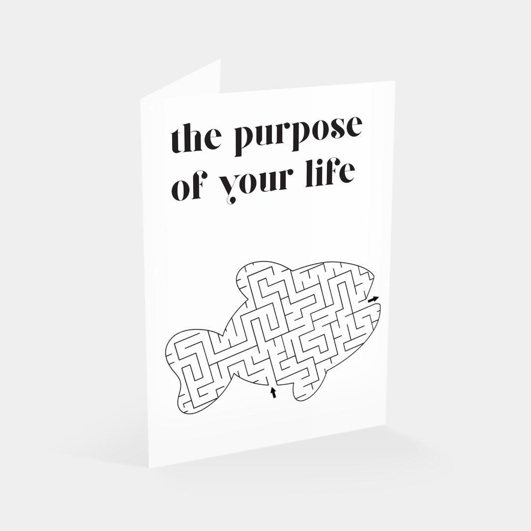 Tract mockup image with a fish maze and 'the purpose of your life' text on a white background