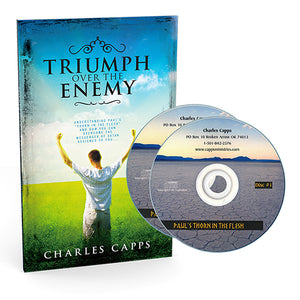 Book titled 'Triumph Over the Enemy' by Charles Capps with a CD on a white background