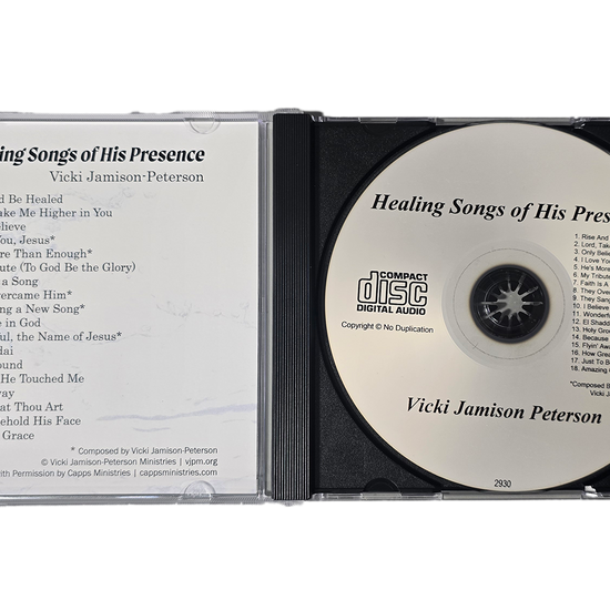CD with 'Healing Songs of His Presence' by Vicki Jamison Peterson on a white background. Shows open CD case with inside of insert with song list