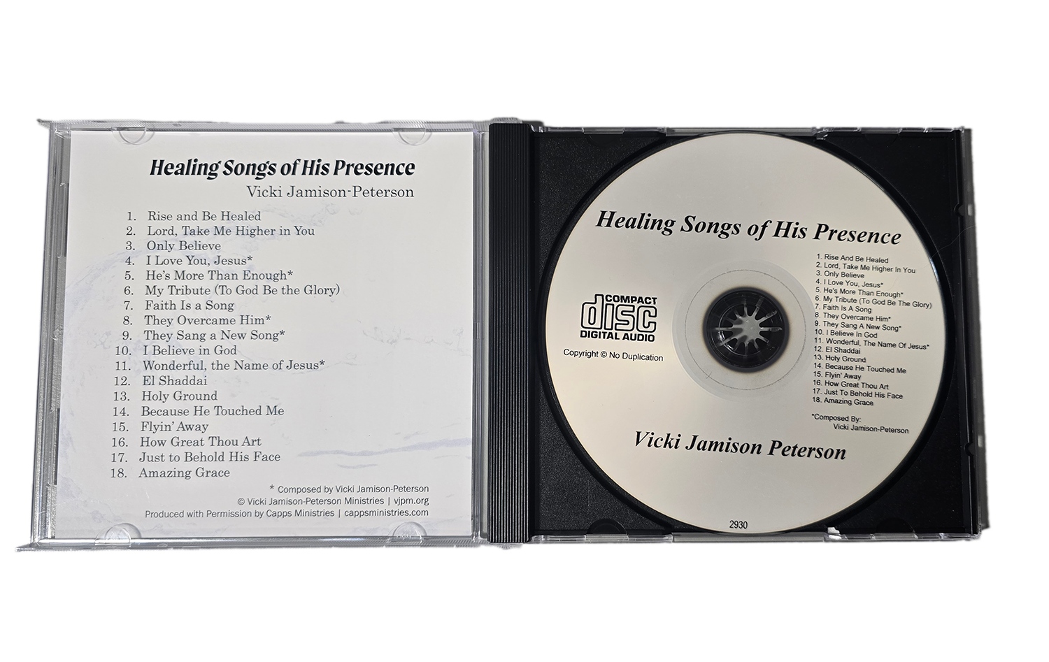 CD with 'Healing Songs of His Presence' by Vicki Jamison Peterson on a white background. Shows open CD case with inside of insert with song list
