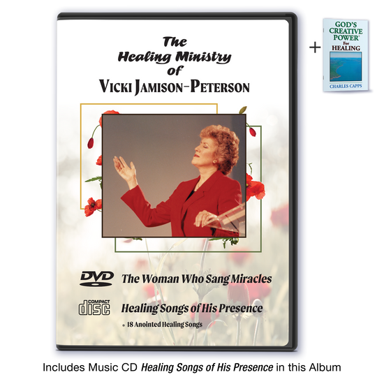 ALBUM cover of 'The Healing Ministry of Vicki Jamison-Peterson' plus includes Healing Songs of His Presence Music CD and God's Creative Power for Healing Minibook