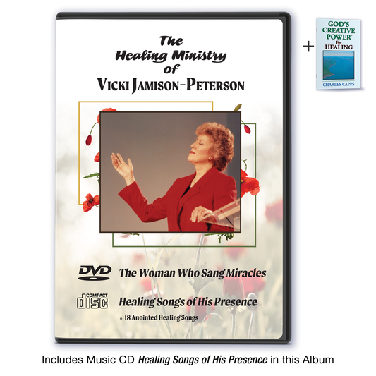 ALBUM cover of 'The Healing Ministry of Vicki Jamison-Peterson' plus includes Healing Songs of His Presence Music CD and God's Creative Power for Healing Minibook