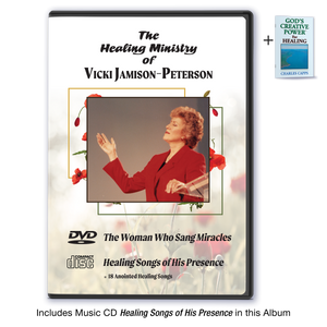 ALBUM cover of 'The Healing Ministry of Vicki Jamison-Peterson' plus includes Healing Songs of His Presence Music CD and God's Creative Power for Healing Minibook