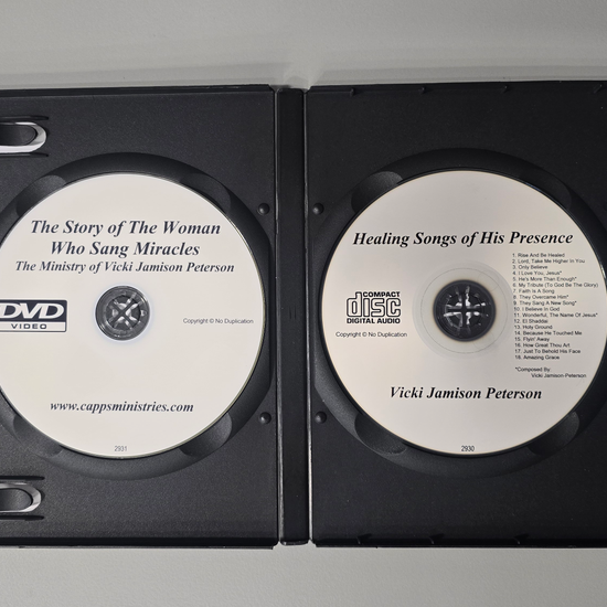 Inside of Vicki Jamison-Peterson Album DVD The Story of the Woman who Sang Miracles and CD Healing Songs of His Presence cappsministries.com