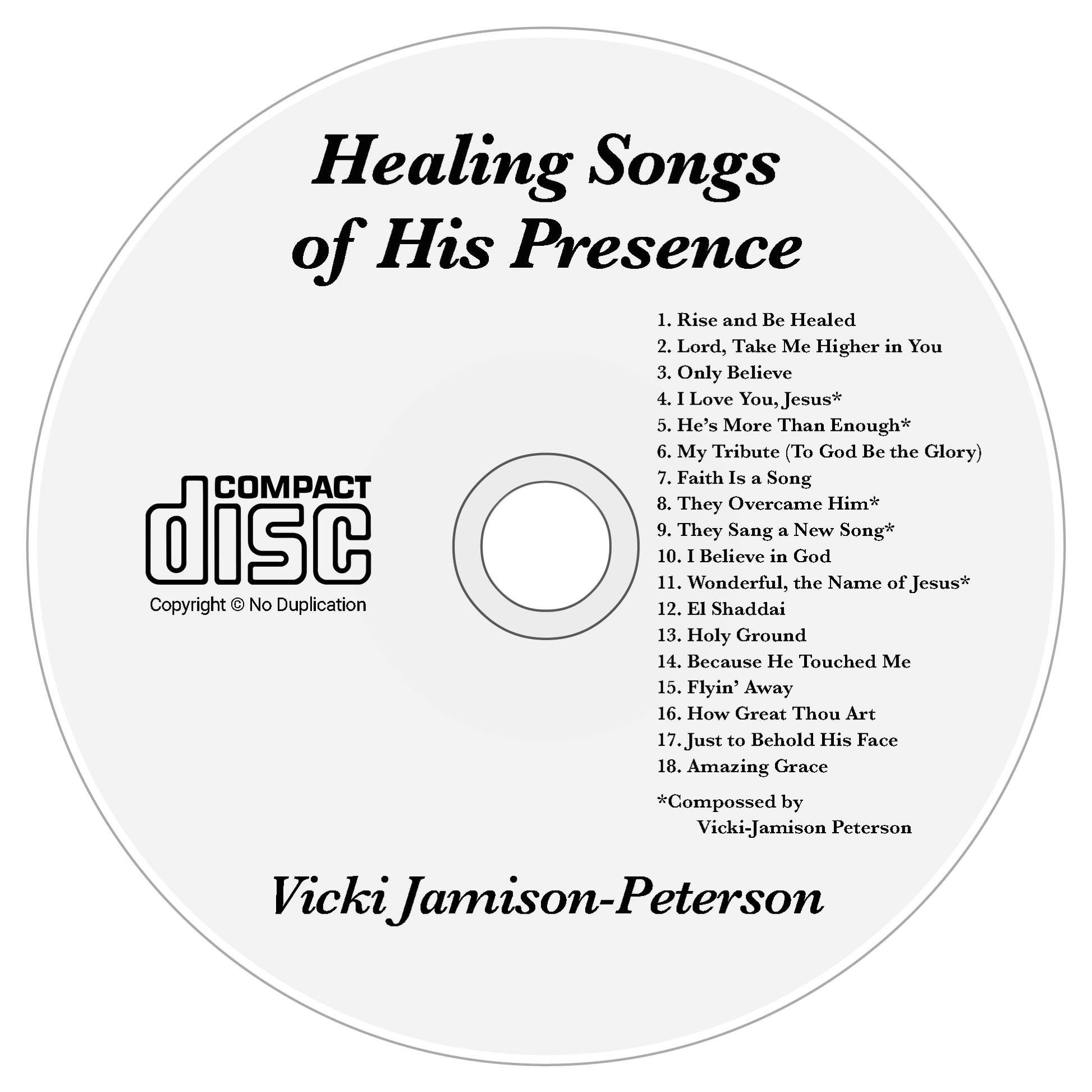 CD of "Healing Songs of His Presence" by Vicki Jamison-Peterson with tracklist. cappsministries.com