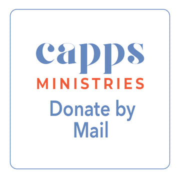 Capps Ministries donate by mail logo with blue and red text on a white background cappsministries.com