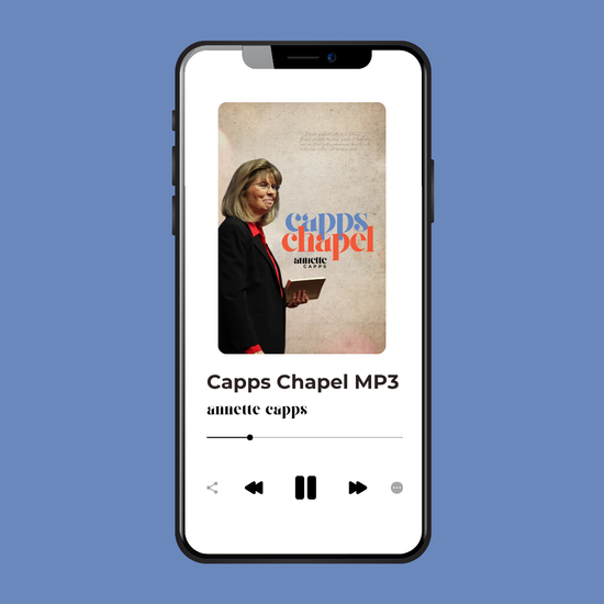 Phone screen displaying a music player app with 'Capps Chapel' on a blue background www.cappsministries.com