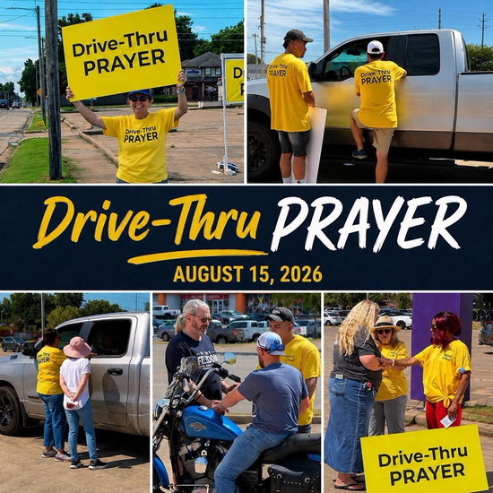 A six-panel collage showing people outdoors wearing bright yellow shirts printed with 'DRIVE-ThRU PRAYER' on the back, holding or standing next to a large yellow sign that reads 'Drive-Thru PRAYER'. A large central text banner reads 'Drive-Thru PRAYER' and 'August 15, 2026'. www.cappsministries.com